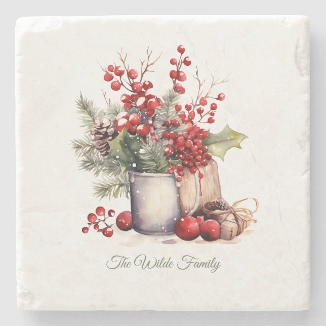 Marble Stone Coaster With Christmas Illustrations (Front)