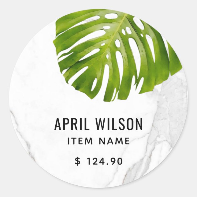 MARBLE STONE GREEN MONSTERA LEAF FOLIAGE PRICE CLASSIC ROUND STICKER (Front)