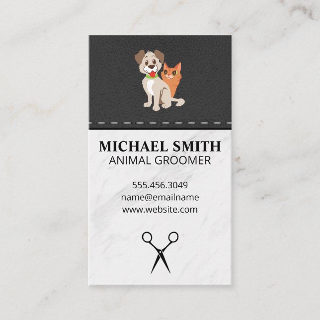 Marble Stone Pet Grooming Dog Icon | Leather Business Card (Front)