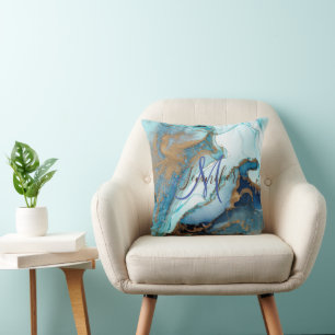 Marble stone teal turquoise blue agate Monogram Cushion