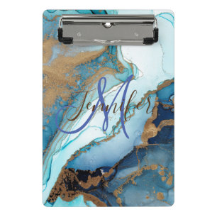 Marble stone teal turquoise blue agate Monogram  Mini Clipboard
