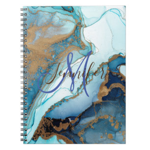 Marble stone teal turquoise blue agate Monogram  Notebook