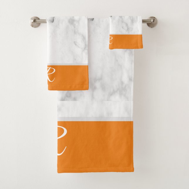 Marble Style Orange Monogram Initial Bathroom Bath Towel Set (Insitu)
