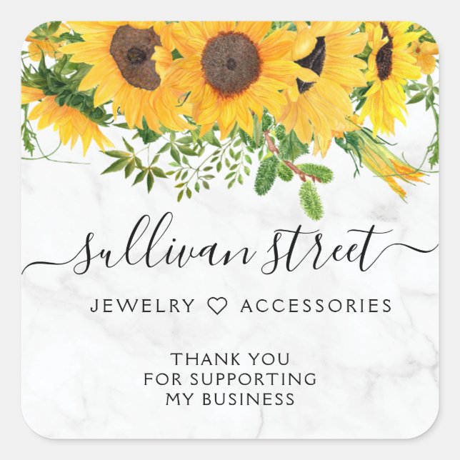 Marble Sunflower Small Business Thank You Square Sticker (Front)