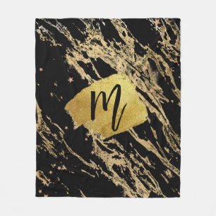 Marble Teal Brown Gold Brush Template initial Pape Fleece Blanket
