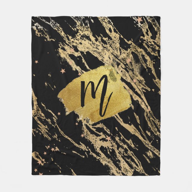 Marble Teal Brown Gold Brush Template initial Pape Fleece Blanket (Front)