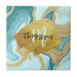 Marble Teal Brown Gold Brush Template name initial Ceramic Tile