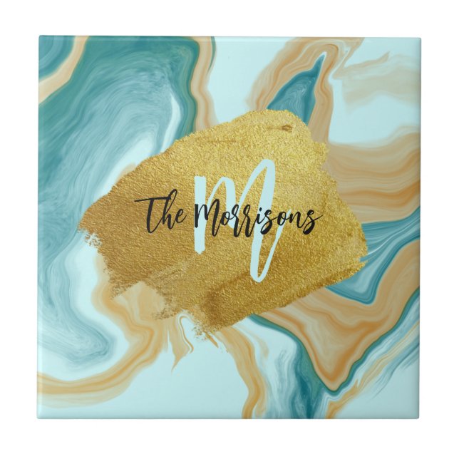 Marble Teal Brown Gold Brush Template name initial Ceramic Tile (Front)