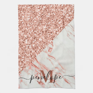 Marble Texture and Rose Glitter Tea Towel