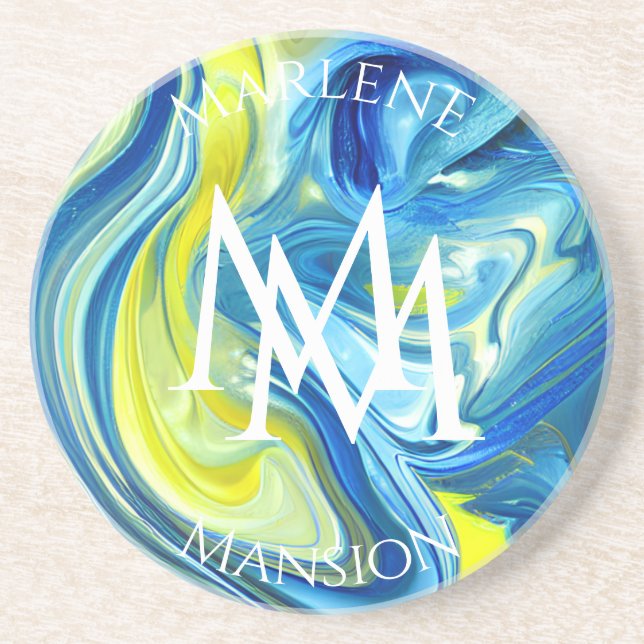 Marble Texture Blue and Yellow Abrasion Coaster (Front)