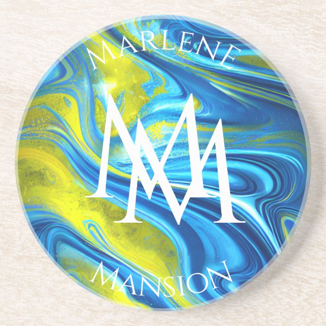 Marble Texture Blue and Yellow Abrasion Coaster (Front)