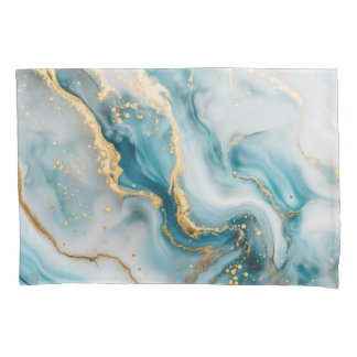Marble texture blue teal gold Pillowcase