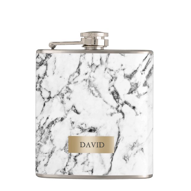 Marble Texture Modern Gold Label with Name Hip Flask (Front)