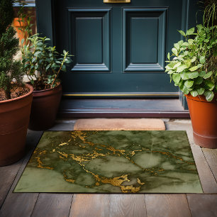 Marble Texture Olive Green Faux Gold Foil Doormat