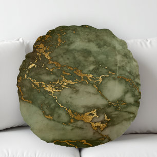 Marble Texture Olive Green Faux Gold Foil Round Cushion