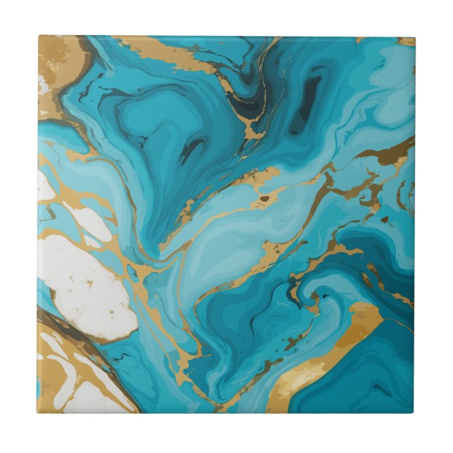 Marble Texture Turquoise and Gold Silver  Ceramic Tile (Front)
