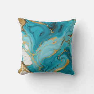 Marble Texture Turquoise and Gold Silver Cushion
