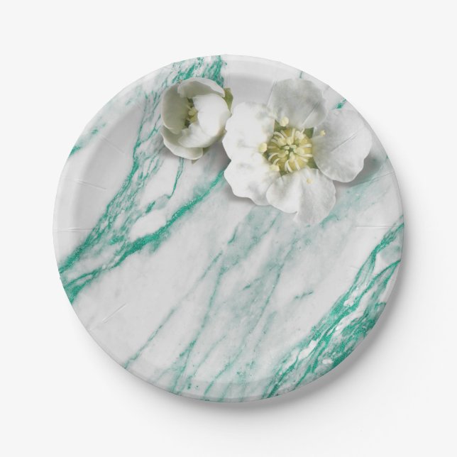 Marble Tiffany Mint Emerald White Jasmine Glitter Paper Plate (Front)