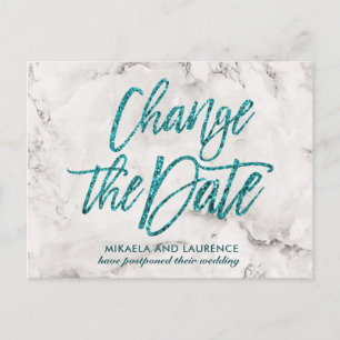 Marble Tourquoise glitter script change the date Announcement Postcard
