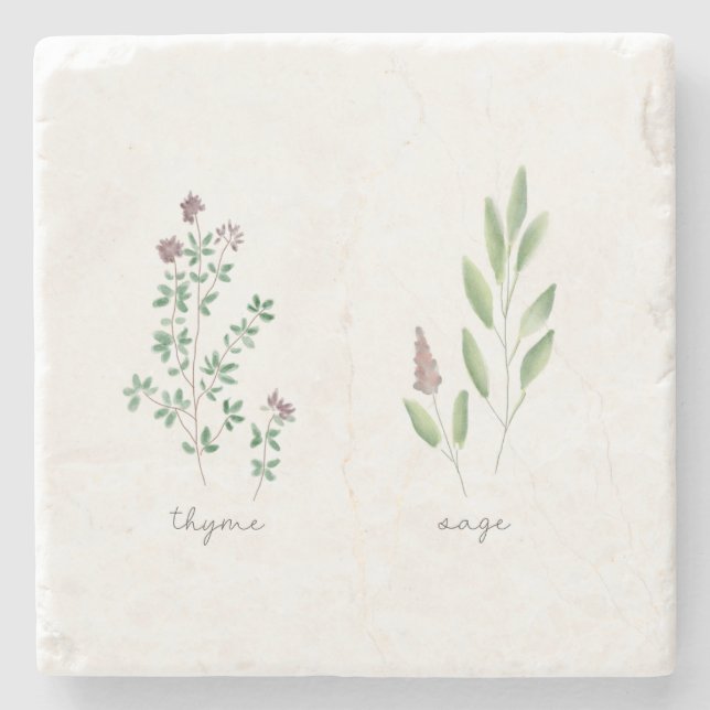 Marble Trivet | Herbs Watercolor Stone Coaster (Front)