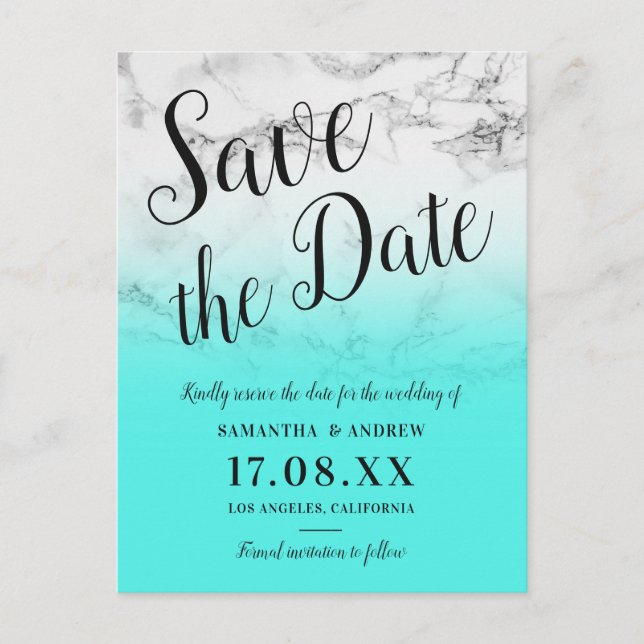 marble turquoise ombre wedding save the date announcement postcard (Front)