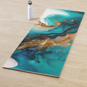 Marble Watercolor Aqua Teal Gold Yoga Mat