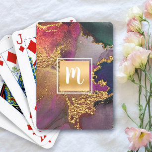 Marble watercolor gold purple navy green monogram playing cards