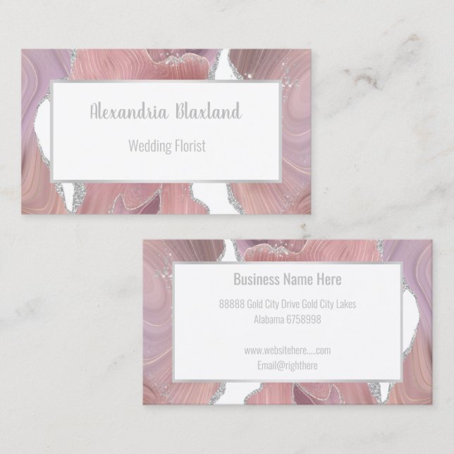 MARBLE WAVE PINK SILVER WHITE BUSINESS CARD (Front/Back)