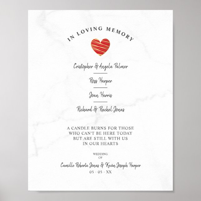 Marble Wedding Family Memorial Table Red Heart Poster (Front)