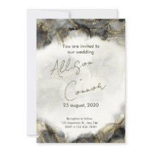 Marble wedding invitation with black and gold comb