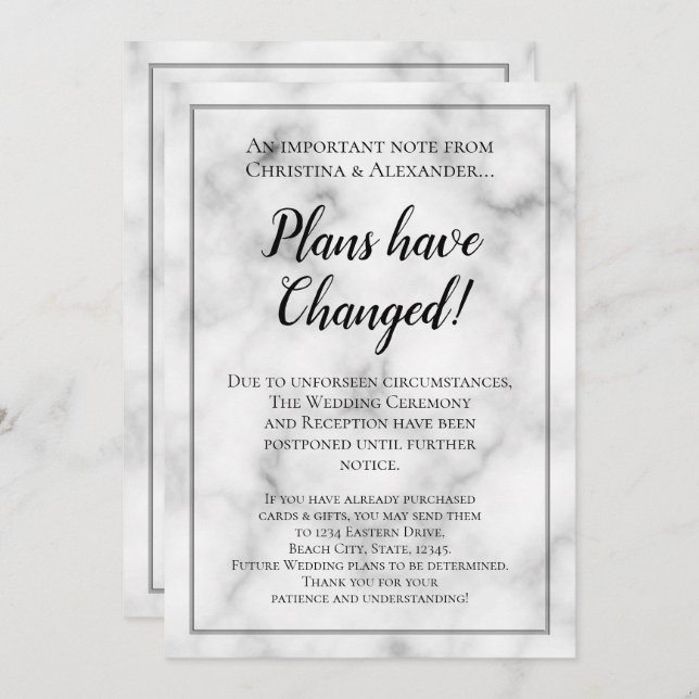 Marble Wedding Postponed Cancelled Postponement Invitation (Front/Back)