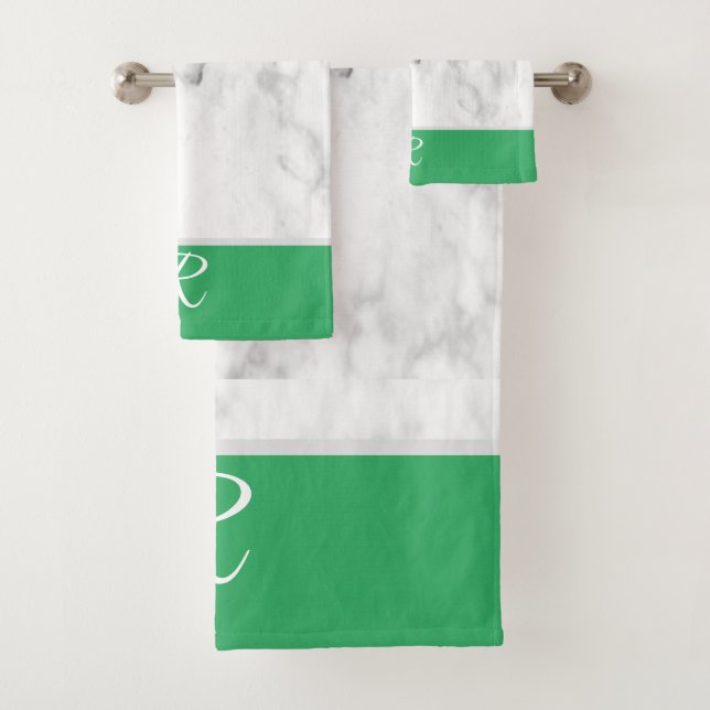 Marble White and Green Monogram Initial Bath Towel Set (Insitu)