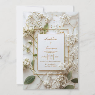Marble White Baby's Breath Minimalist Wedding Invitation