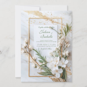 Marble White Floral Sage Green Minimalist Wedding Invitation