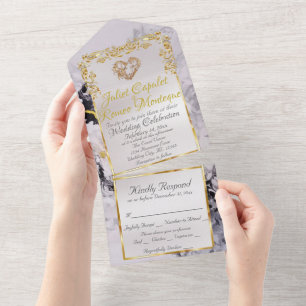 Marble & White, Gold Frame, Gold Heart All In One Invitation