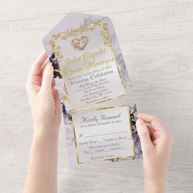Marble & White, Gold Frame, Gold Heart All In One Invitation (Tearaway)