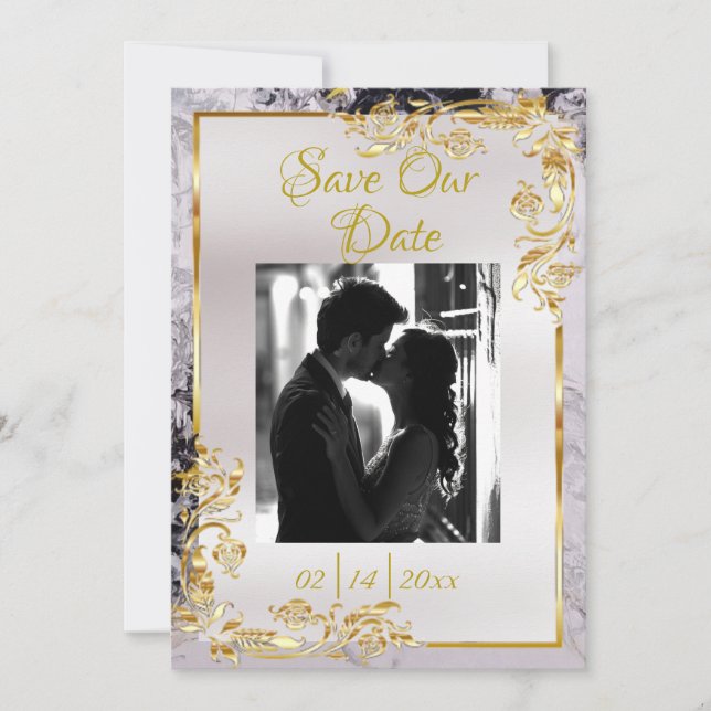 Marble & White, Gold Frame, Silver Heart Save The Date (Front)