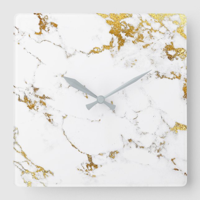 Marble White Gold Gray Carrara Abstract Minimal Square Wall Clock (Front)