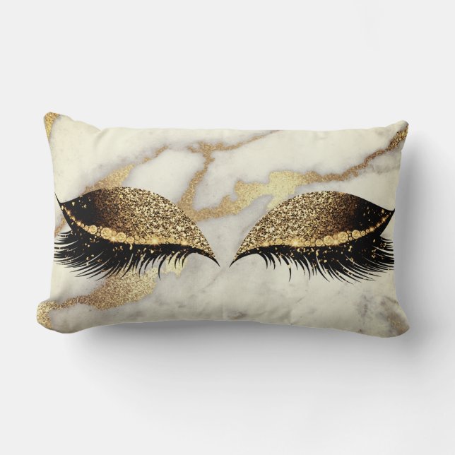 Marble White Gold Grey Silver Glam Makeup Lashes Lumbar Cushion (Front)