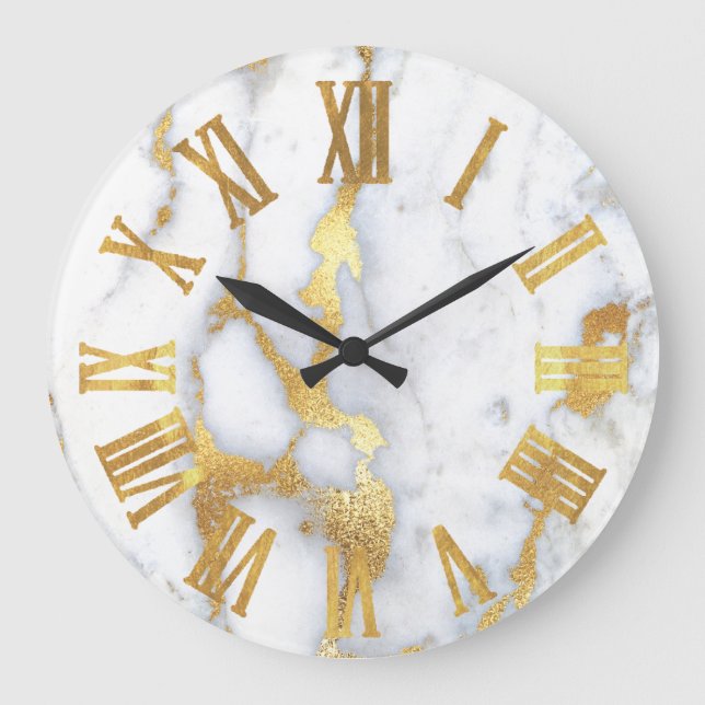 Marble White Grey Gold Metallic Roman Numbers Large Clock (Front)