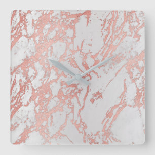 Marble White Grey Pink Rose Gold Blush Carrara Square Wall Clock