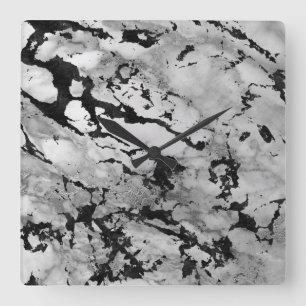 Marble White Grey Silver Black Carrara Abstract Square Wall Clock
