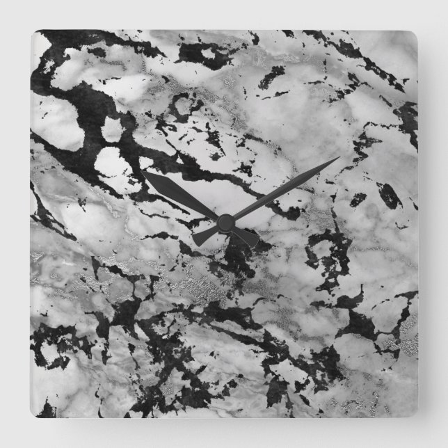 Marble White Grey Silver Black Carrara Abstract Square Wall Clock (Front)