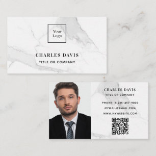 Marble white monogram photo Qr code logo elegant Business Card