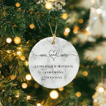 Marble white mr mrs elegant newly weds christmas ceramic ornament<br><div class="desc">Decorated with mr mrs with a heart. A chic white black marble stone print background. Personalise and add your names and your wedding date.  Black text.</div>