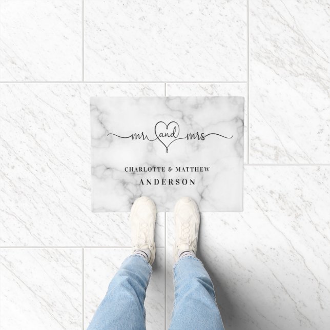 Marble white mr mrs heart elegant newly weds doormat (Indoor)