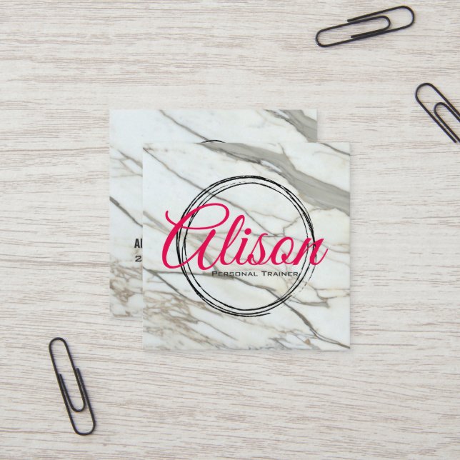 Marble white pink calligraphy letters square card. business card (Front/Back In Situ)