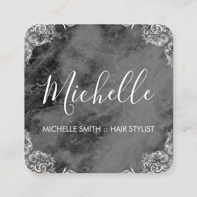 Marble with Fancy Corners Script Text Square Business Card (Front)