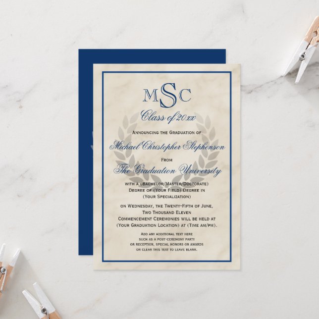 Marble Wreath Monogram Classic College Graduation  Invitation (Front/Back In Situ)