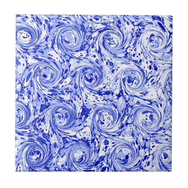 Marbled Abstract Design | Blue White Swirls Ceramic Tile (Front)